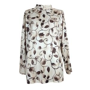 Vintage 90s Abstract Floral Beige & Brown Long Sleeve Mockneck Pullover Blouse